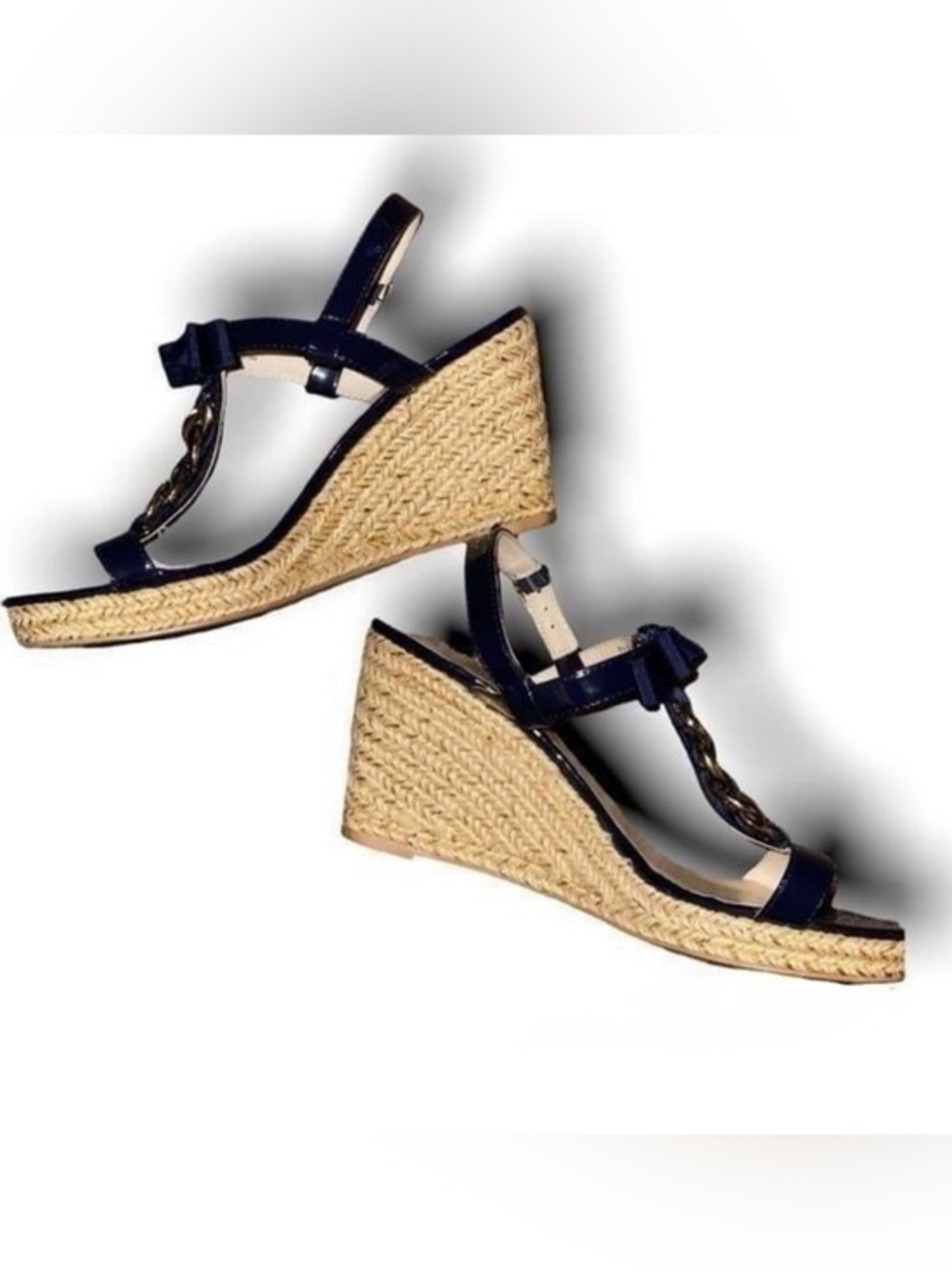 UEC KATE SPADE PATENT NAVY BLUE 3.5” WEDGE ESPADRILLE GOLD HARDWARE SZ 9 PERFECT
